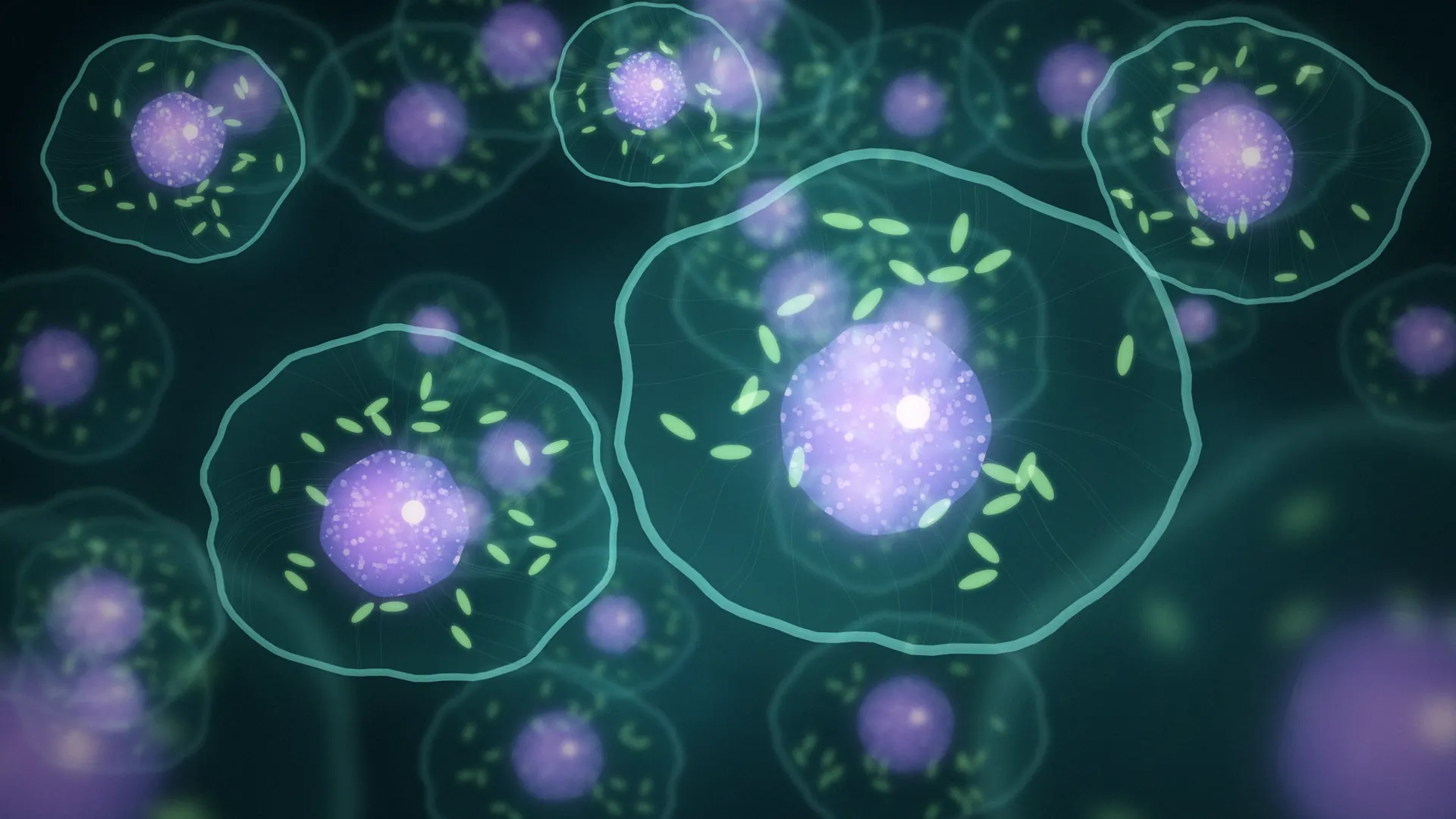 Menschliche Zellen unter dem Fluoreszenzmikroskop mit leuchtenden Zellkernen und Mitochondrien